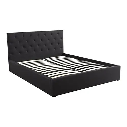 Gas Lift Queen Size Storage Bed Frame Upholstery Fabric in Black Colour with Tufted Headboard - Furniture > Bedroom >