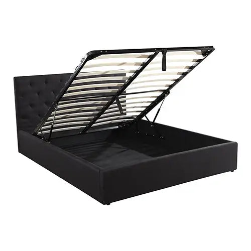 Gas Lift Queen Size Storage Bed Frame Upholstery Fabric in Black Colour with Tufted Headboard - Furniture > Bedroom >