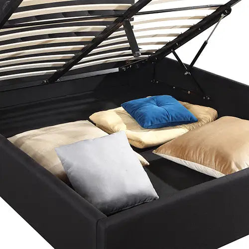 Gas Lift Queen Size Storage Bed Frame Upholstery Fabric in Black Colour with Tufted Headboard - Furniture > Bedroom >
