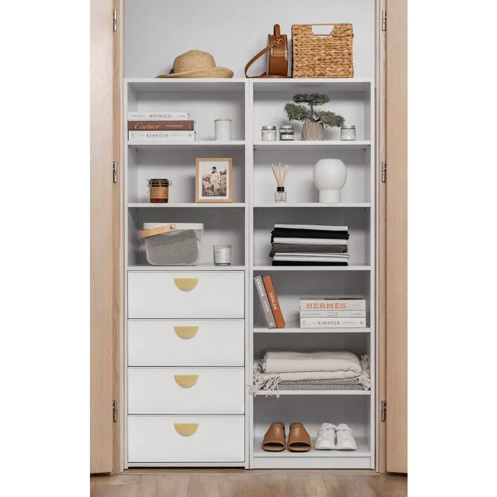 GENEVA 3 SHELF 4 DRAWER BUILT IN WARDROBE - WHITE - SLIM - HALF MOON BRASS - Home & Garden > Storage > Clothing &
