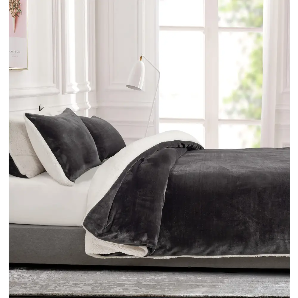 Gioia Casa 2 in 1 Teddy Sherpa Quilt Cover Set and Blanket (Charcoal Super King) - Home & Garden > Bedding > Quilts &