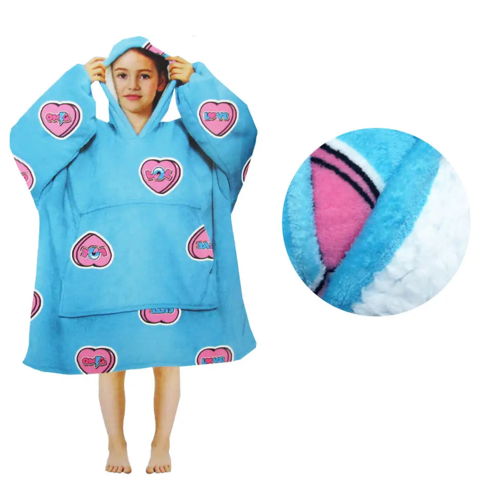 Girls Comfy Warm Blanket Hoodie with Sherpa Fleece Reverse Love Hearts - Home & Garden > Bedding