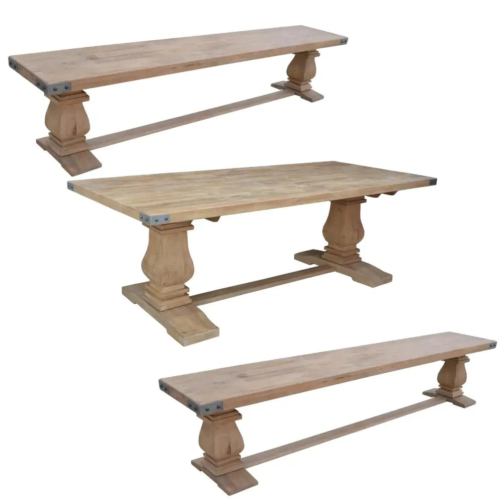 Gloriosa 3pc Dining Set 230cm Table 2 Bench Chair Solid Mango Wood - Honey Wash - Furniture > Dining