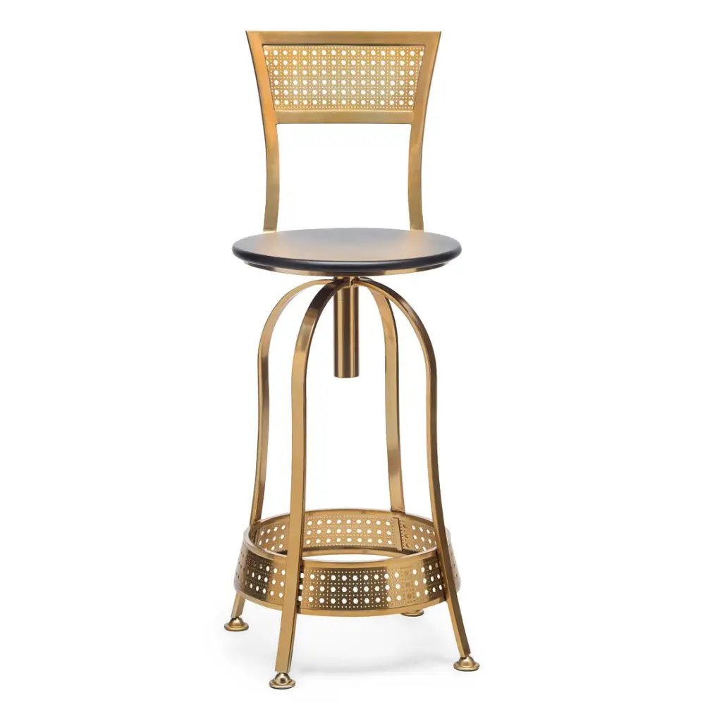 Gold Black Swivel Kitchen Bar Stool Chair with High Back in Netted Design Frame - Furniture > Bar Stools & Chairs