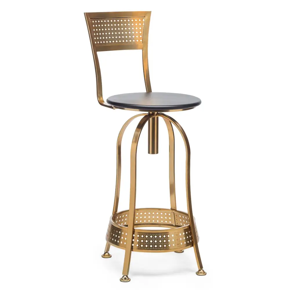 Gold Black Swivel Kitchen Bar Stool Chair with High Back in Netted Design Frame - Furniture > Bar Stools & Chairs