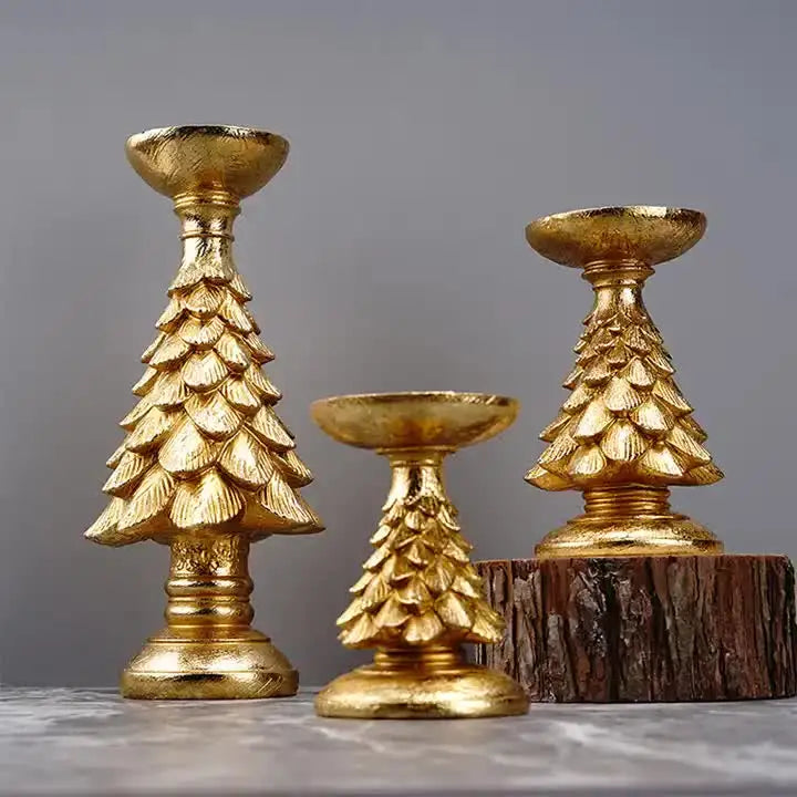 Gold Christmas Tree Candle Holder - Elegant Resin Pillar Stand 15.5cm Festive Decoration - Occasions > Christmas >