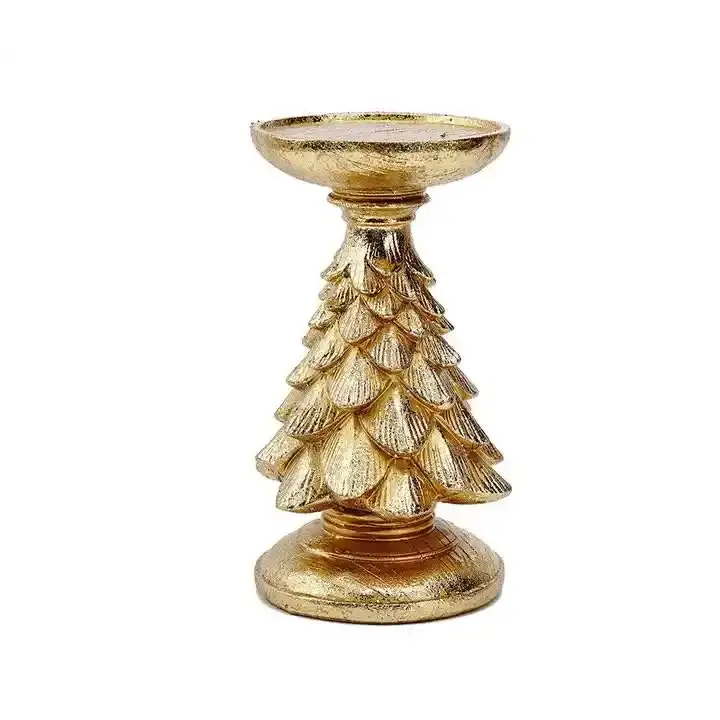 Gold Christmas Tree Candle Holder - Elegant Resin Pillar Stand 27.5cm Festive Decoration - Occasions > Christmas >