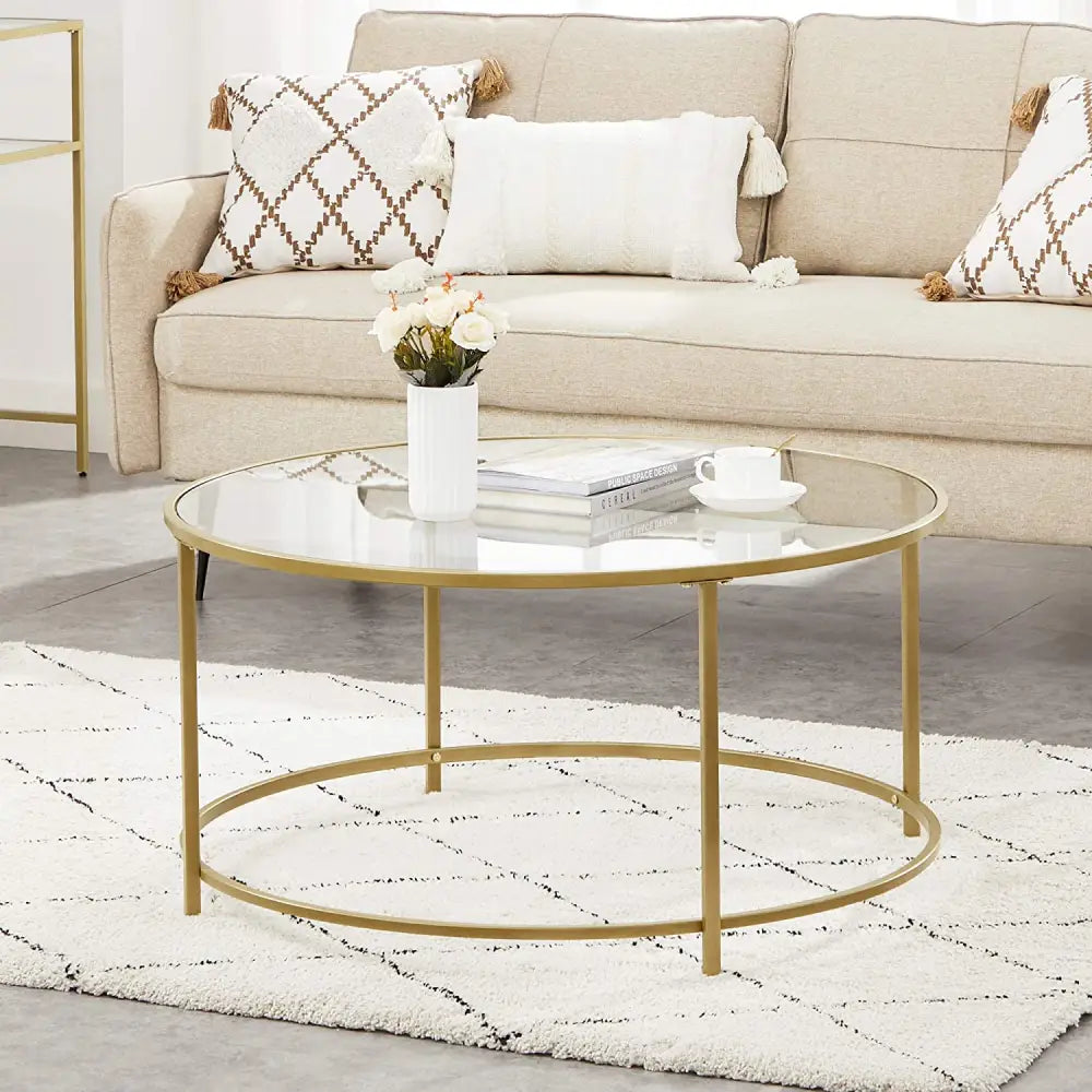 Gold Glass Table with Golden Iron Frame Stable and Robust Tempered Glass - Furniture > Living Room