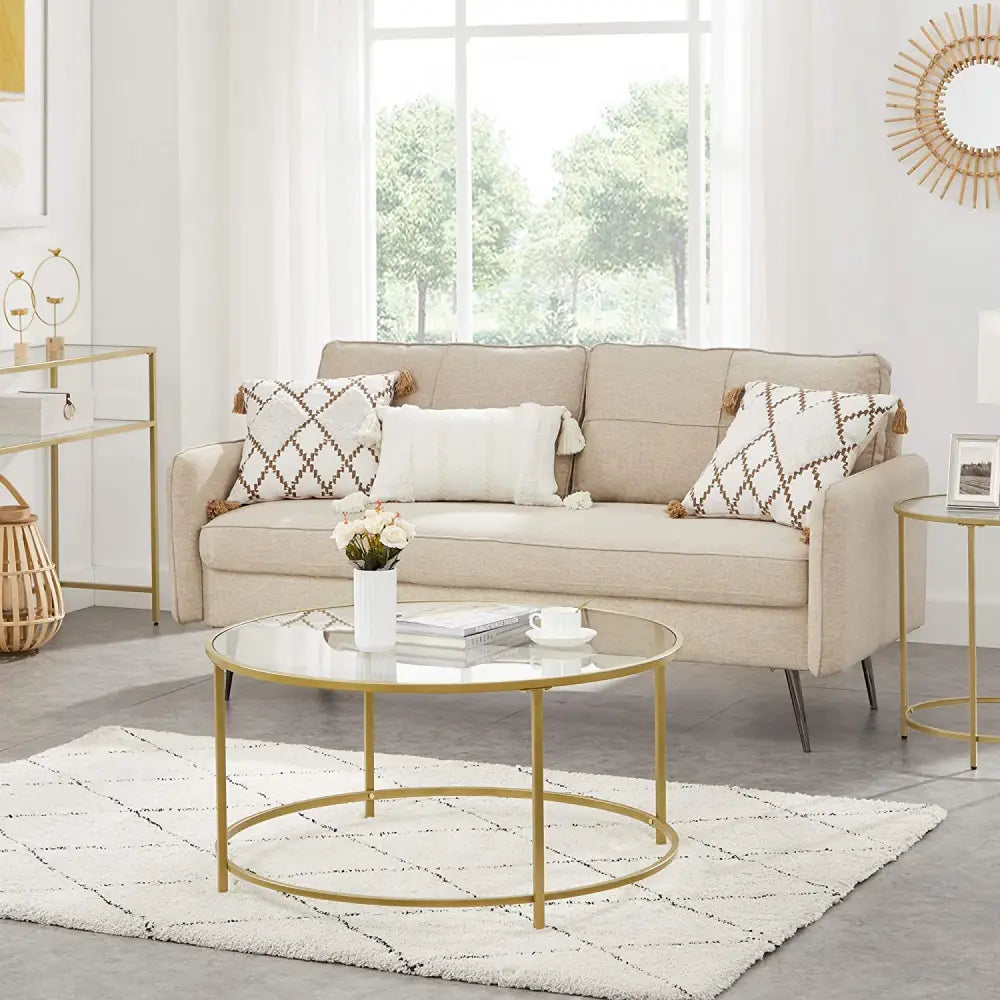 Gold Glass Table with Golden Iron Frame Stable and Robust Tempered Glass - Furniture > Living Room