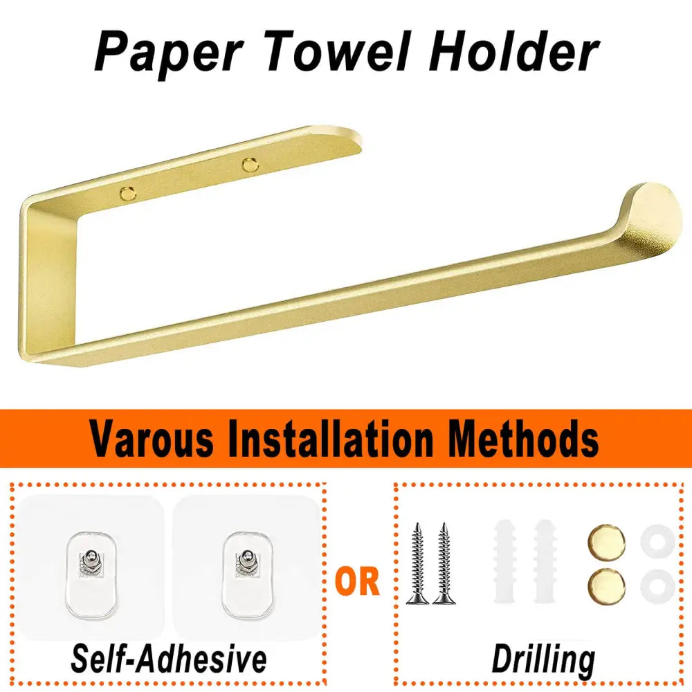 Gold Kitchen Bathroom Paper Holder Towel Holder Self Adhesive or Screw Mount 31cm - Home & Garden > Bathroom