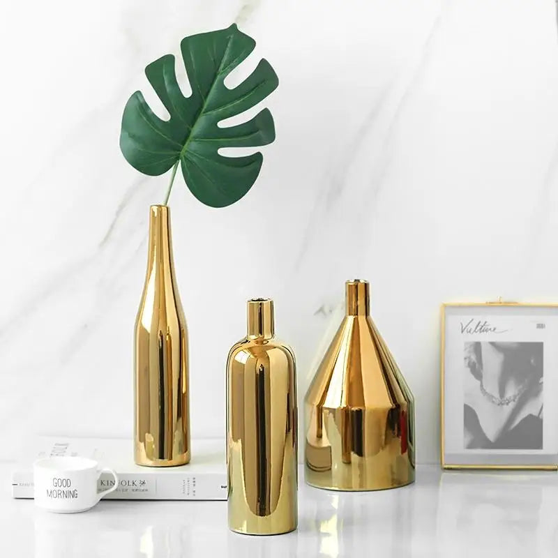 Gold Plated Ceramic Flower Vase - Desktop Decorative Three-piece Set - Home & Garden > Decor > Vases & Table Decor