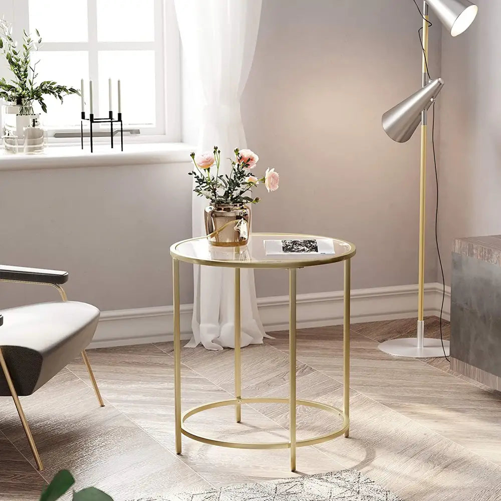 Gold Round Side Table with Golden Metal Frame Robust and Stable - Furniture > Living Room