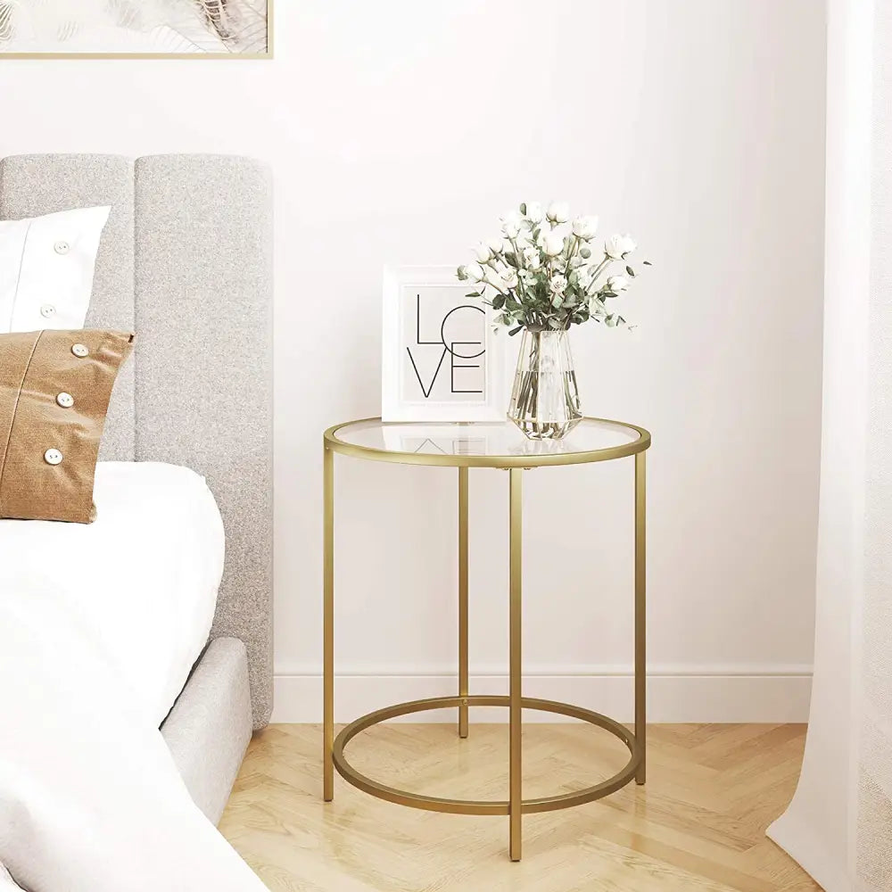 Gold Round Side Table with Golden Metal Frame Robust and Stable - Furniture > Living Room
