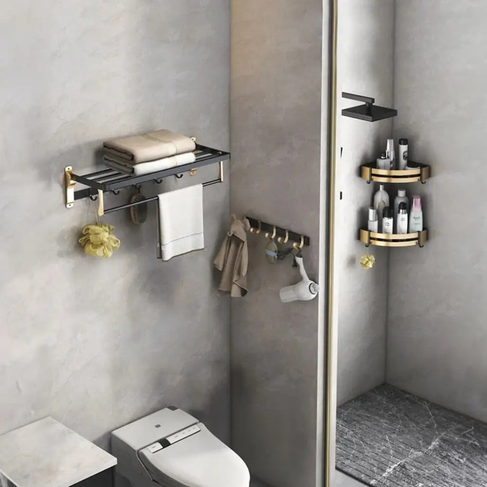 Gominimo Bathroom Wall Mount Black Gold Accessories Set (A) - Home & Garden > Bathroom Accessories > Bath Caddies