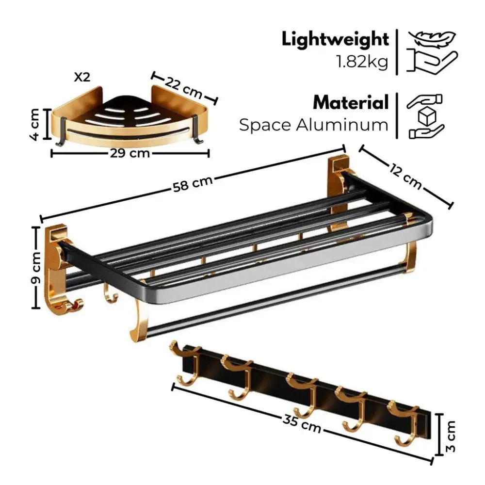 Gominimo Bathroom Wall Mount Black Gold Accessories Set (A) - Home & Garden > Bathroom Accessories > Bath Caddies
