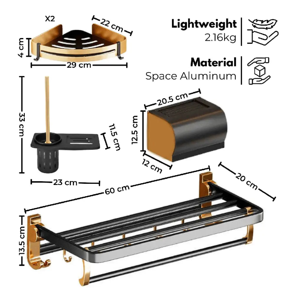 Gominimo Bathroom Wall Mount Black Gold Accessories Set (E) - Home & Garden > Bathroom Accessories > Bath Caddies