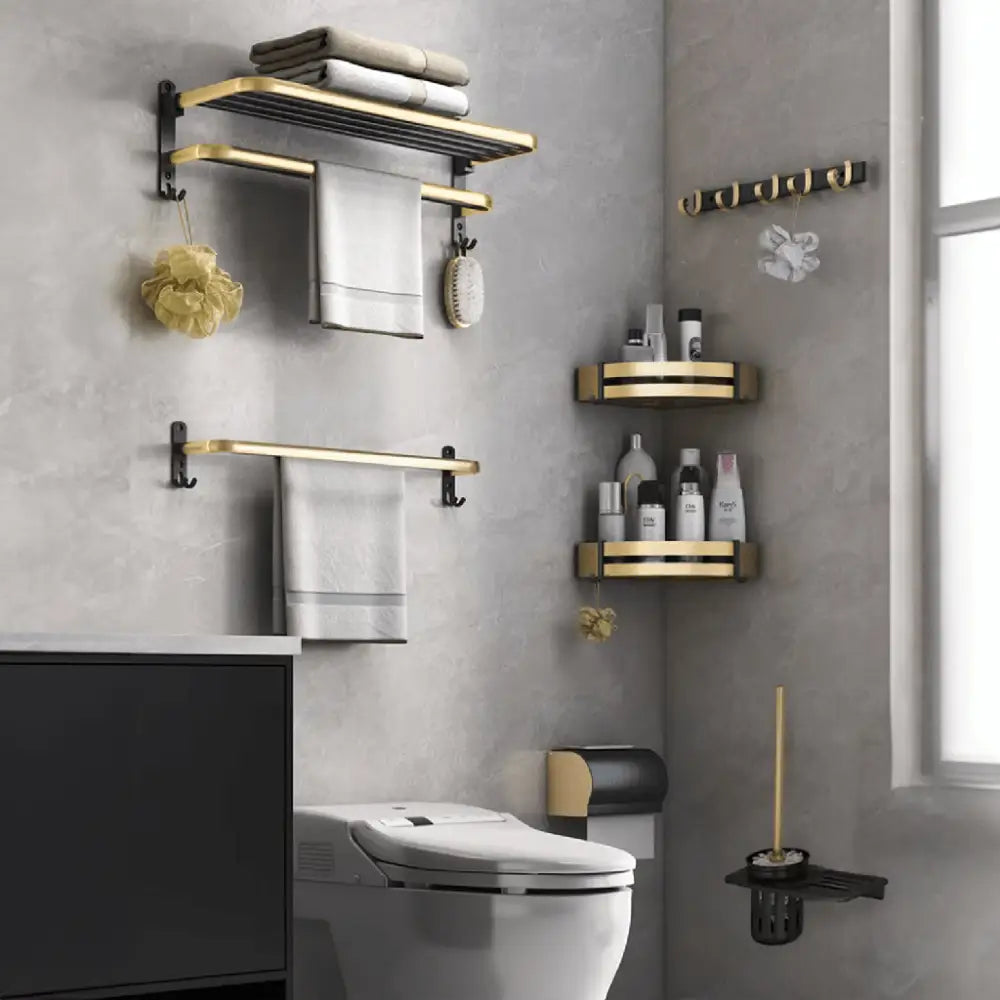 Gominimo Bathroom Wall Mount Black Gold Accessories Set (H) - Home & Garden > Bathroom Accessories > Bath Caddies