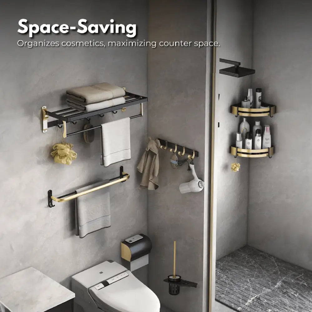 Gominimo Bathroom Wall Mount Black Gold Accessories Set (H) - Home & Garden > Bathroom Accessories > Bath Caddies