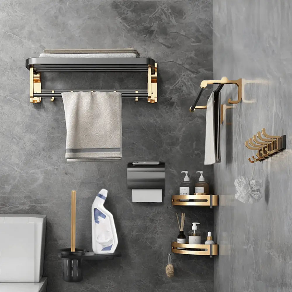 Gominimo Bathroom Wall Mount Black Gold Accessories Set (H) - Home & Garden > Bathroom Accessories > Bath Caddies