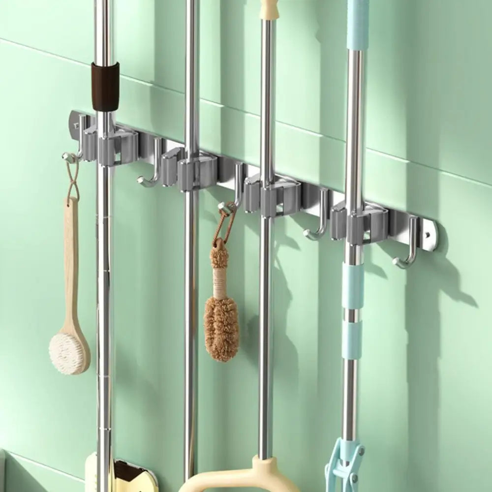 GOMINIMO Stainless Steel Broom Mop Holder Wall Mount with 3 Racks 4 Hooks (Grey) - Home & Garden > Bathroom Accessories