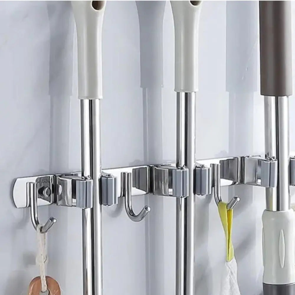GOMINIMO Stainless Steel Broom Mop Holder Wall Mount with 3 Racks 4 Hooks (Grey) - Home & Garden > Bathroom Accessories
