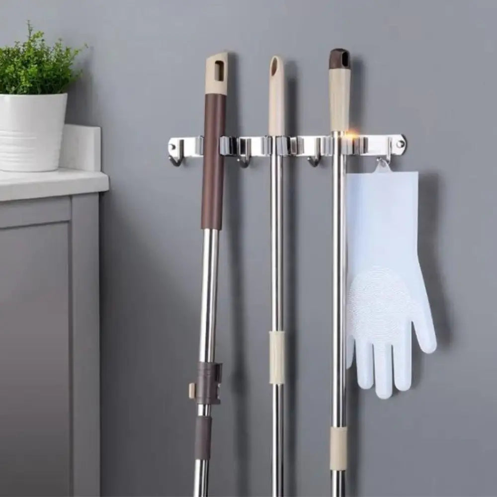 GOMINIMO Stainless Steel Broom Mop Holder Wall Mount with 3 Racks 4 Hooks (Grey) - Home & Garden > Bathroom Accessories