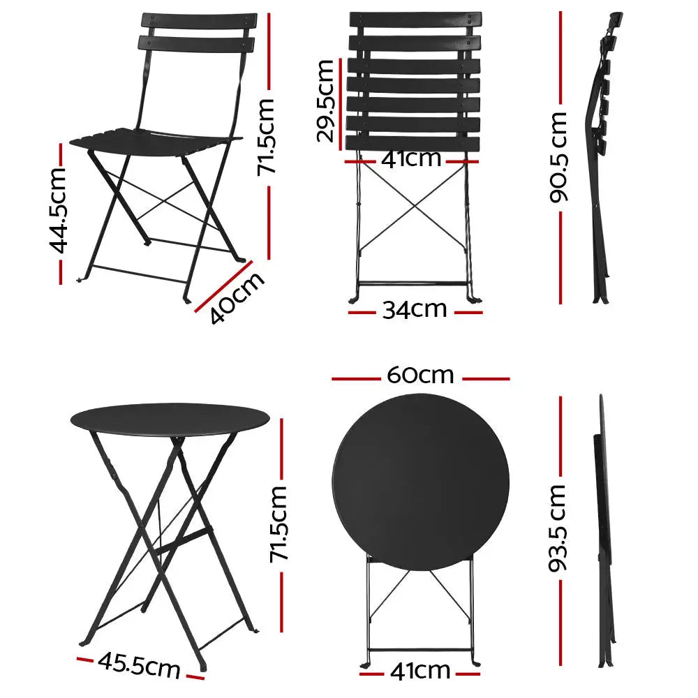 Gradeon 3PC Outdoor Bistro Set Steel Table and Chairs Patio Furniture Black - Furniture > Outdoor