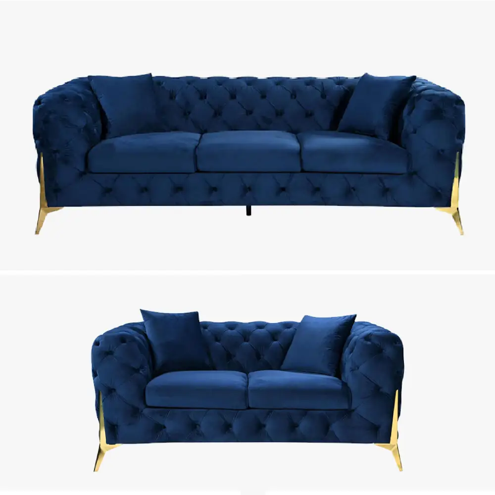 Grand Tufted Lounge - Blue Velvet - Gold Legs - Furniture > Sofas
