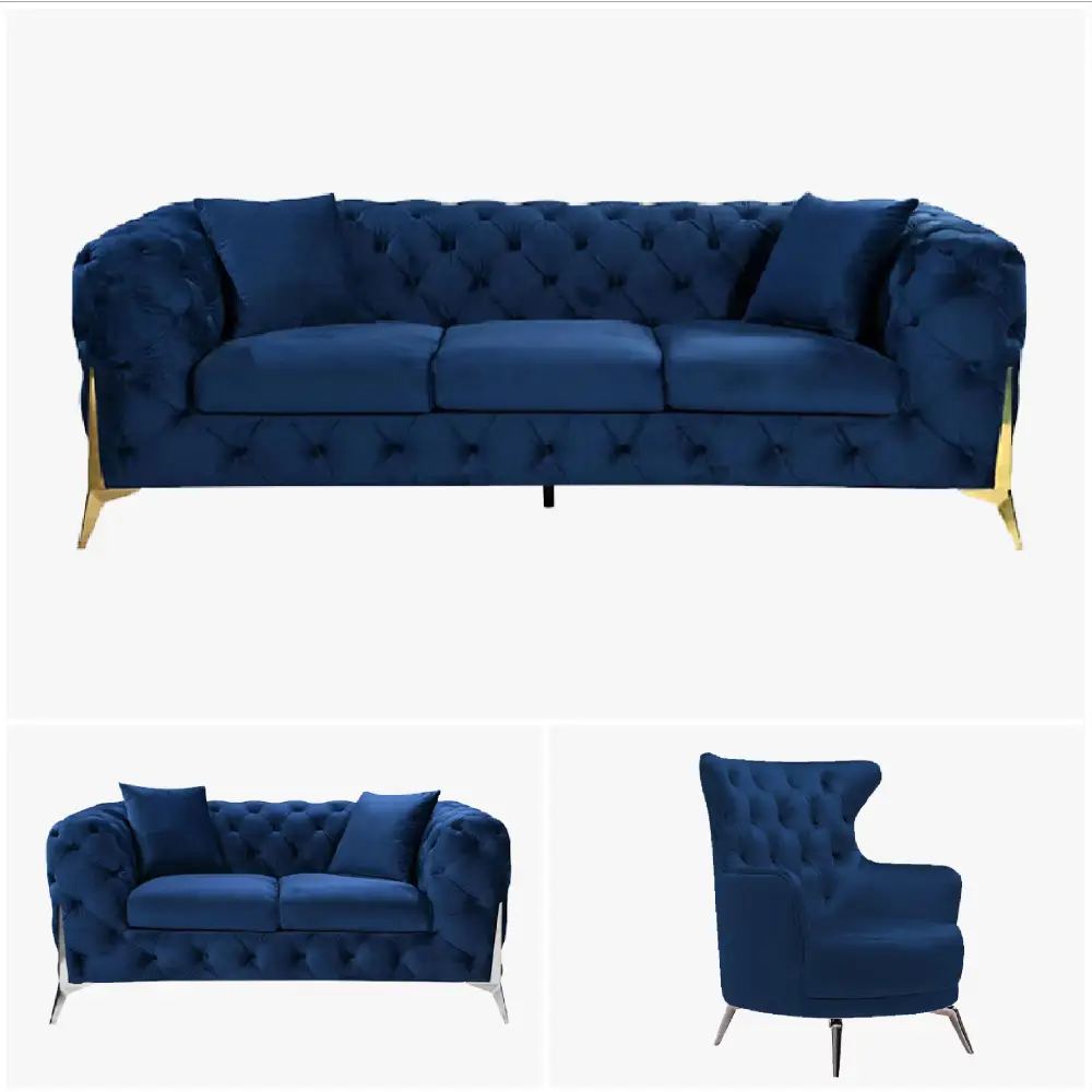 Grand Tufted Lounge - Blue Velvet - Silver Legs - Furniture > Sofas