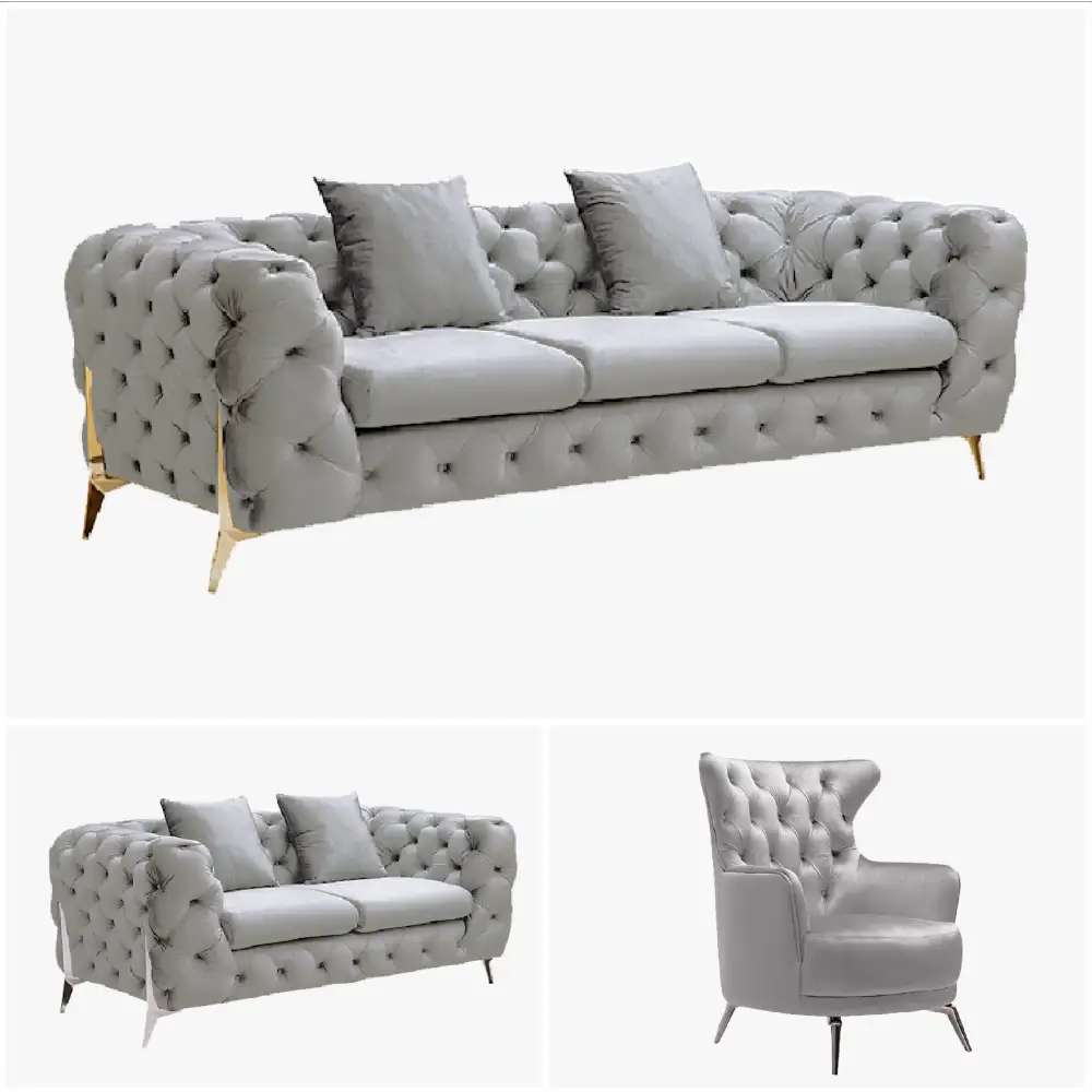 Grand Tufted Lounge - Light Grey Velvet - Gold Legs - Furniture > Sofas