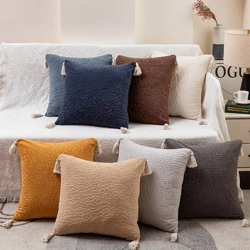 Gray Set of 2 Textured Velvet Throw Pillow Covers with Tassels - Decorative Square Cushions 45*45cm - Home & Garden >