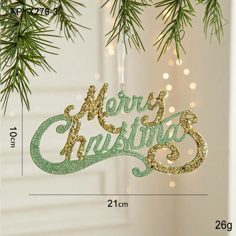 Green and Gold Glitter Merry Christmas Hanging Ornament -Festive Holiday Decoration 5 pieces - Occasions > Christmas >