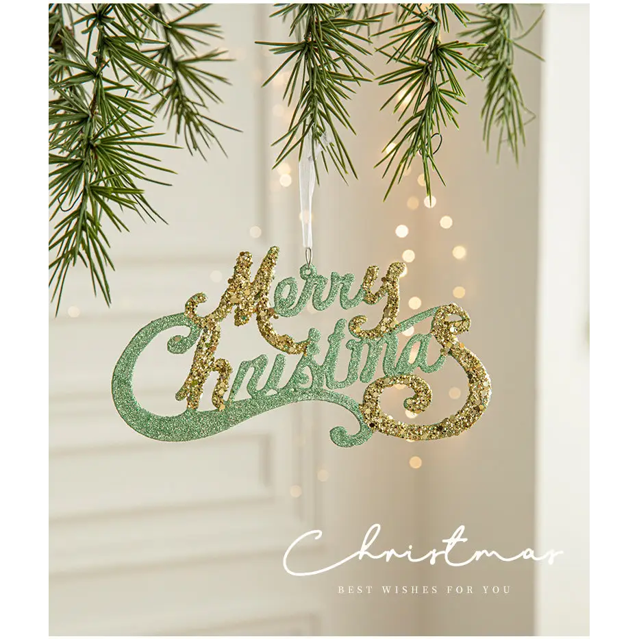 Green and Gold Glitter Merry Christmas Hanging Ornament -Festive Holiday Decoration 5 pieces - Occasions > Christmas >