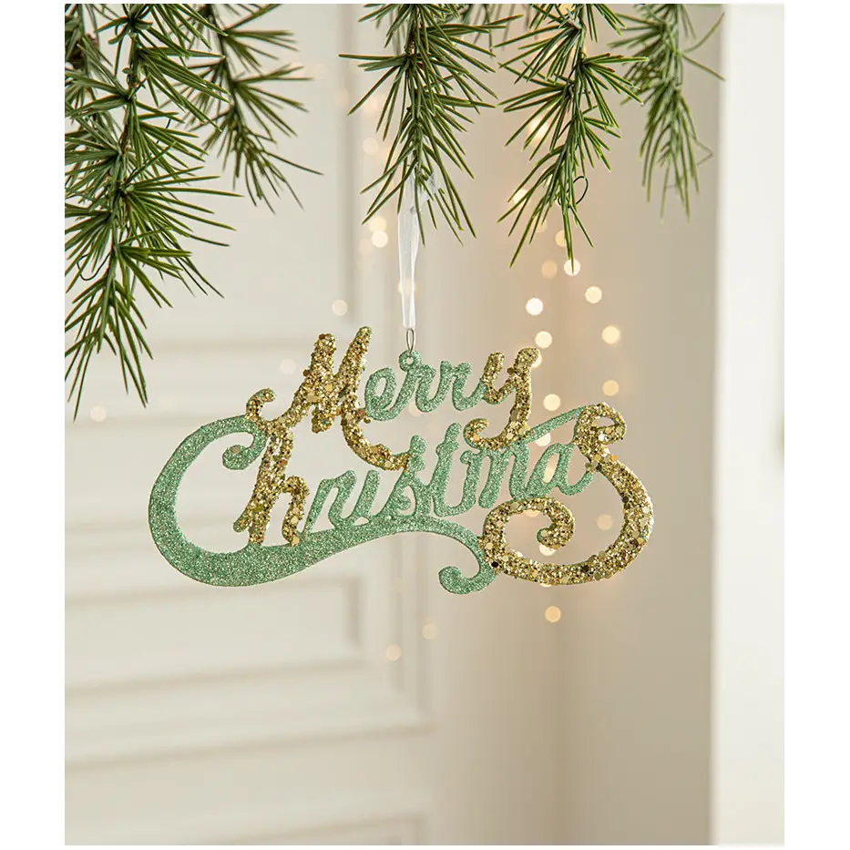 Green and Gold Glitter Merry Christmas Hanging Ornament -Festive Holiday Decoration 5 pieces - Occasions > Christmas >