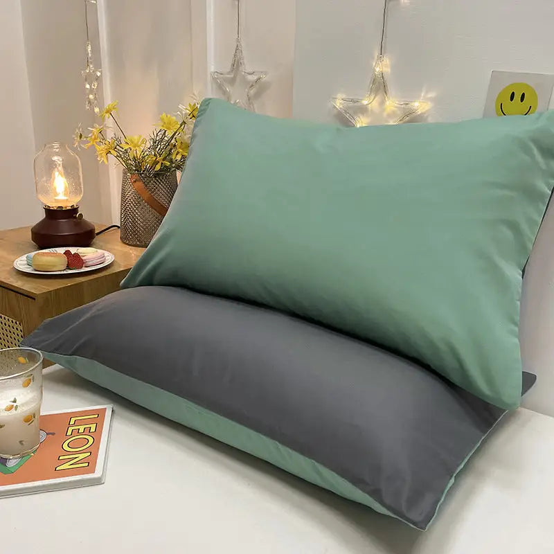 Green And Grey Washed Cotton Pillowcase Set - Solid Color Simple Two-Tone Design 48x74cm (Pair) - Home & Garden >