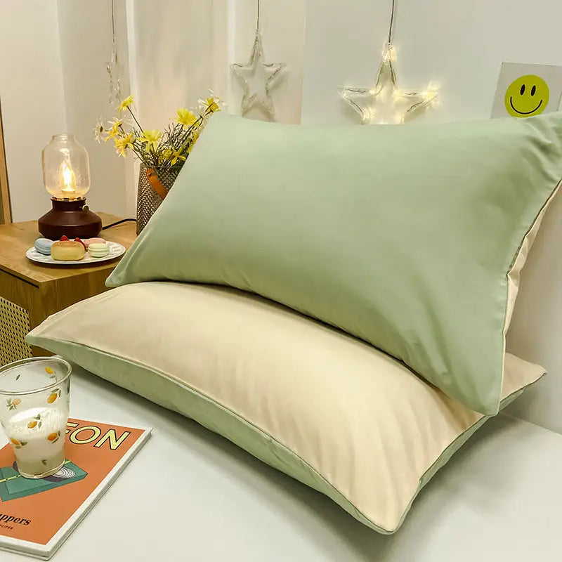 Green And Yellow Washed Cotton Pillowcase Set - Solid Color Simple Two-Tone Design 48x74cm (Pair) - Home & Garden >