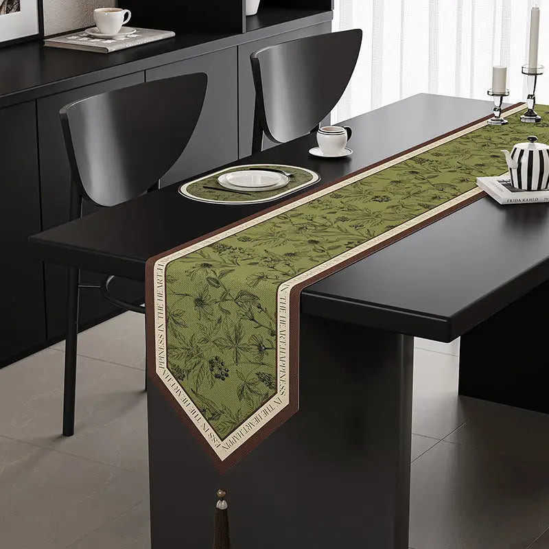 Green Elegant Green Botanical Table Runner with Tassels - 30x180cm - Furniture > Dining > Dining Set