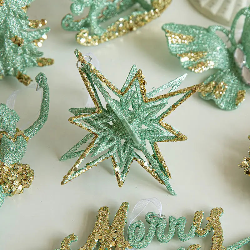 Green Glitter 3D Star Ornament with Gold Accents -Hanging Christmas Decoration 5 pieces - Occasions > Christmas >