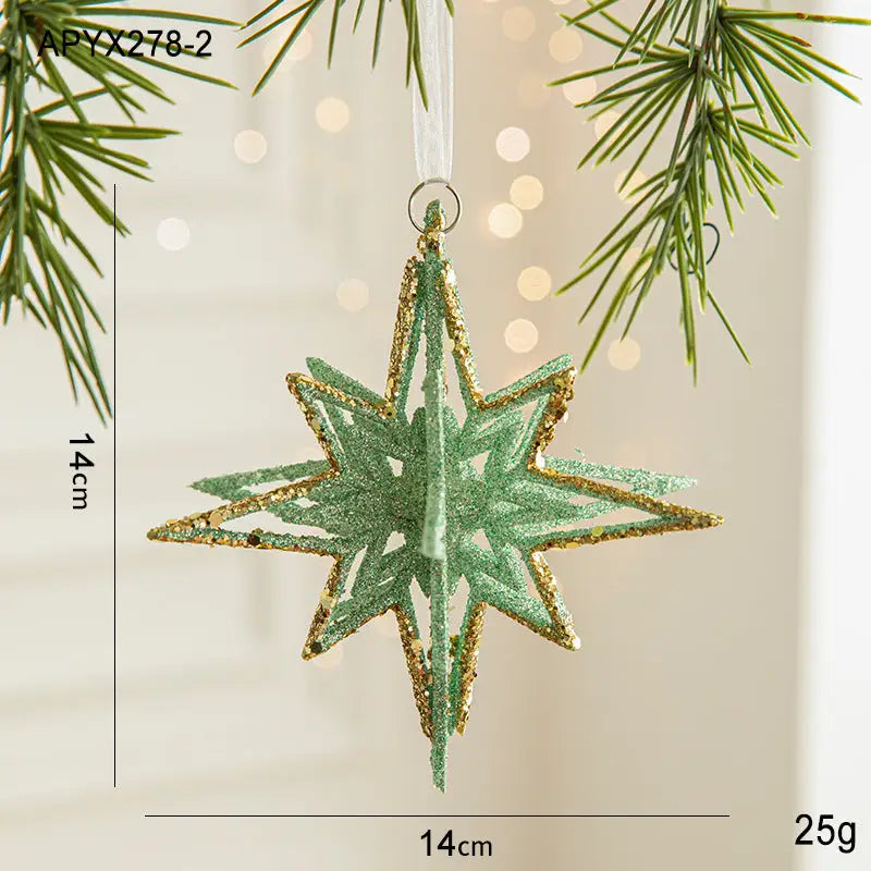 Green Glitter 3D Star Ornament with Gold Accents -Hanging Christmas Decoration 5 pieces - Occasions > Christmas >