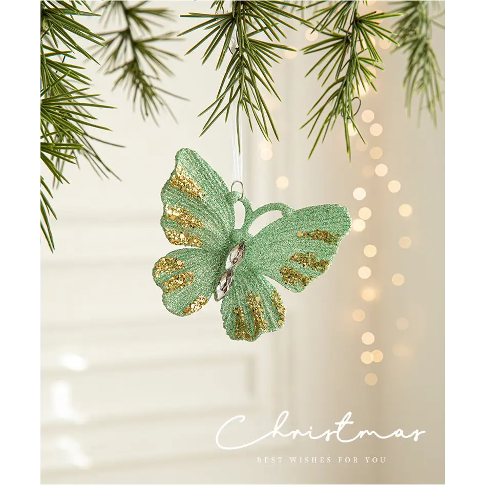 Green Glitter Butterfly Christmas Ornament with Gold Accents - Hanging Holiday Decoration 5 pieces - Occasions >