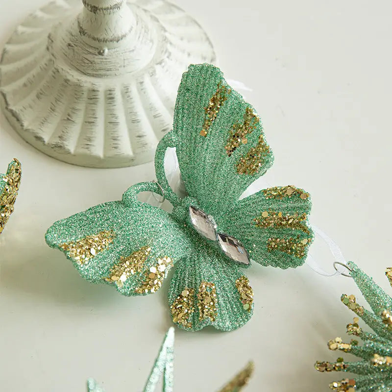 Green Glitter Butterfly Christmas Ornament with Gold Accents - Hanging Holiday Decoration 5 pieces - Occasions >