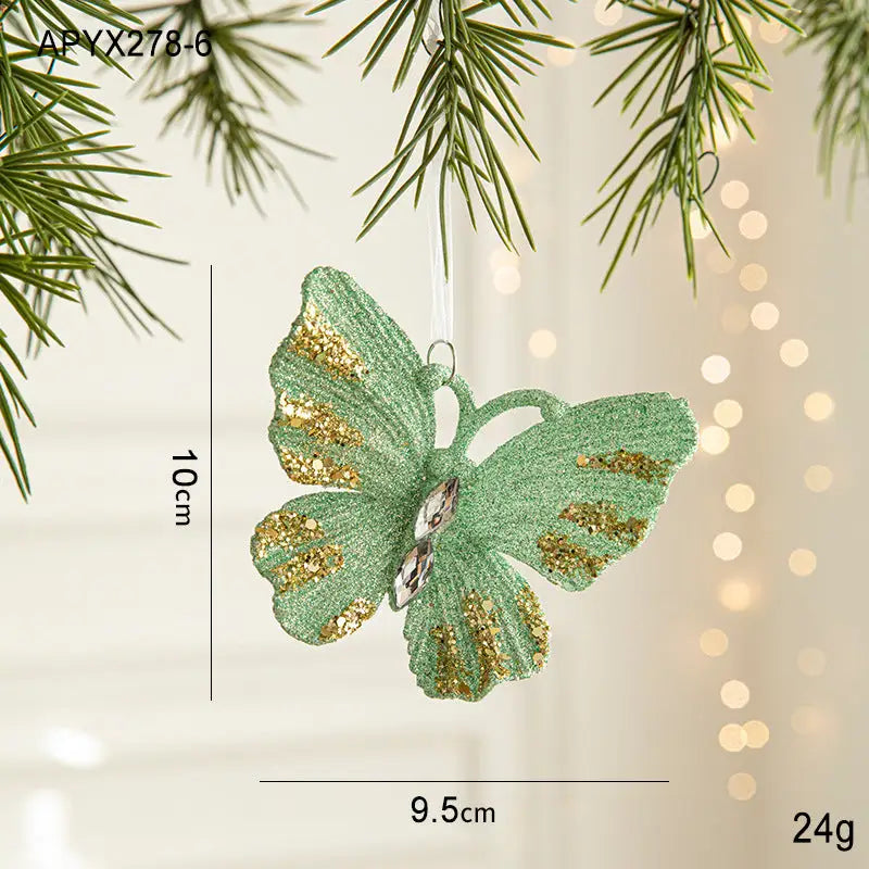Green Glitter Butterfly Christmas Ornament with Gold Accents - Hanging Holiday Decoration 5 pieces - Occasions >