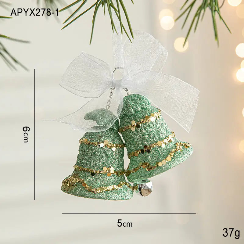 Green Glitter Christmas Bell Ornaments with White Bow - Hanging Holiday Decoration 5 pieces - Occasions > Christmas >