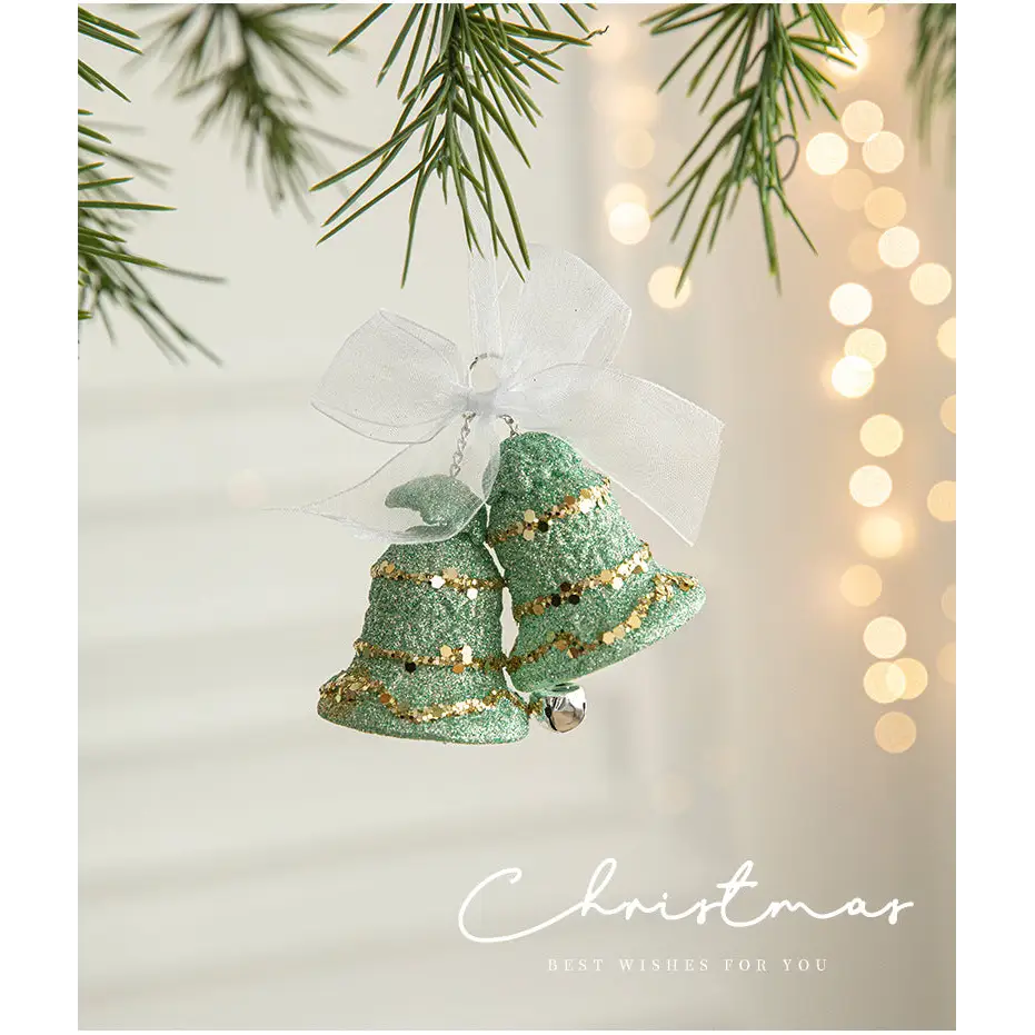 Green Glitter Christmas Bell Ornaments with White Bow - Hanging Holiday Decoration 5 pieces - Occasions > Christmas >