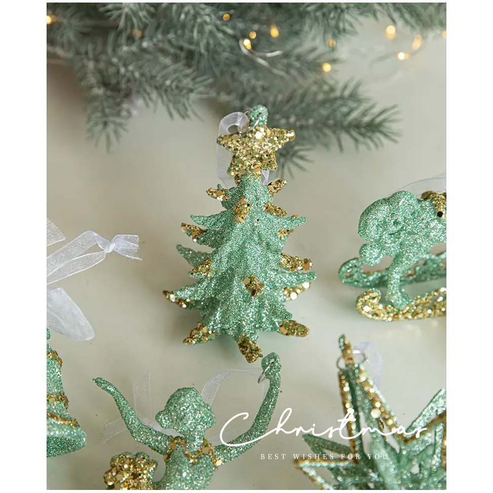 Green Glitter Christmas Tree Ornament with Gold Star Top - Hanging Festive Decoration 5 pieces - Occasions > Christmas