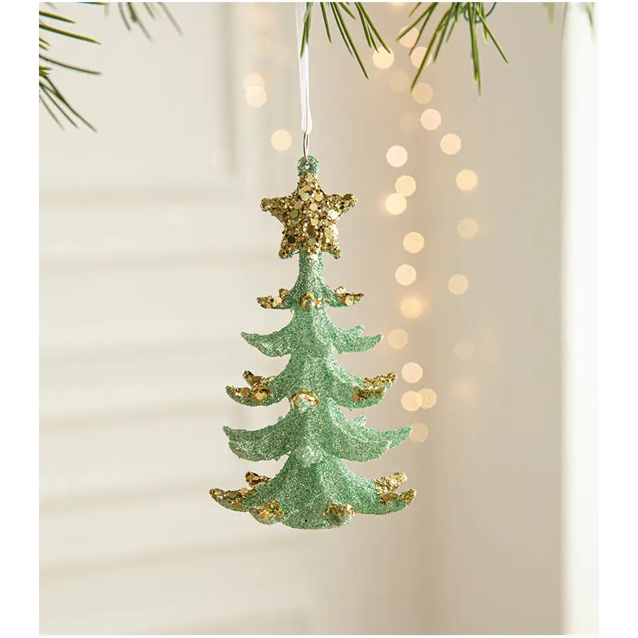 Green Glitter Christmas Tree Ornament with Gold Star Top - Hanging Festive Decoration 5 pieces - Occasions > Christmas