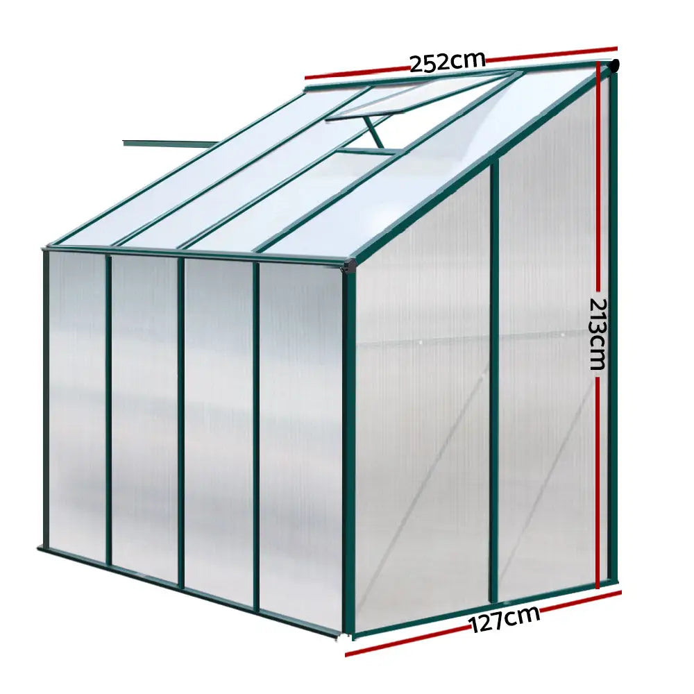 Greenfingers Greenhouse 2.52x1.27x2.13M Lean-to Aluminium Polycarbonate Green House Garden Shed - Home & Garden > Green