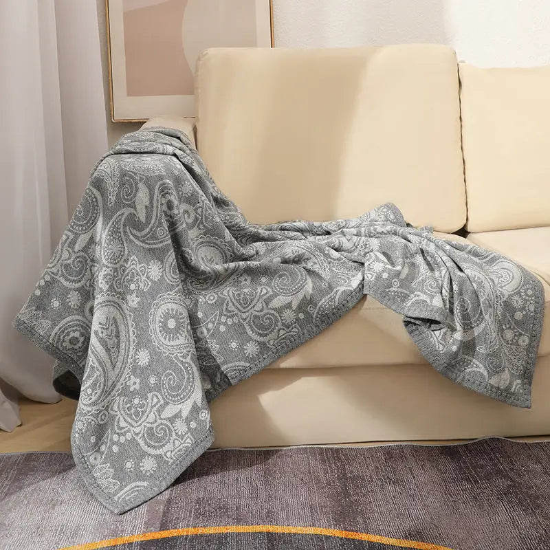 Grey Luxurious Paisley Jacquard Throw Blanket - Soft Wool Blend with Tassels 120x150cm Lightweight Sofa & Nap Blanket