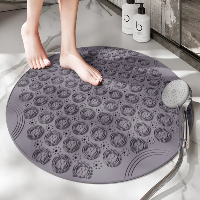 Grey Non-Slip Round Shower Foot Scrubber Mat - Soft Silicone Massage Pad for Foot Cleaning - Home & Garden > Bathroom