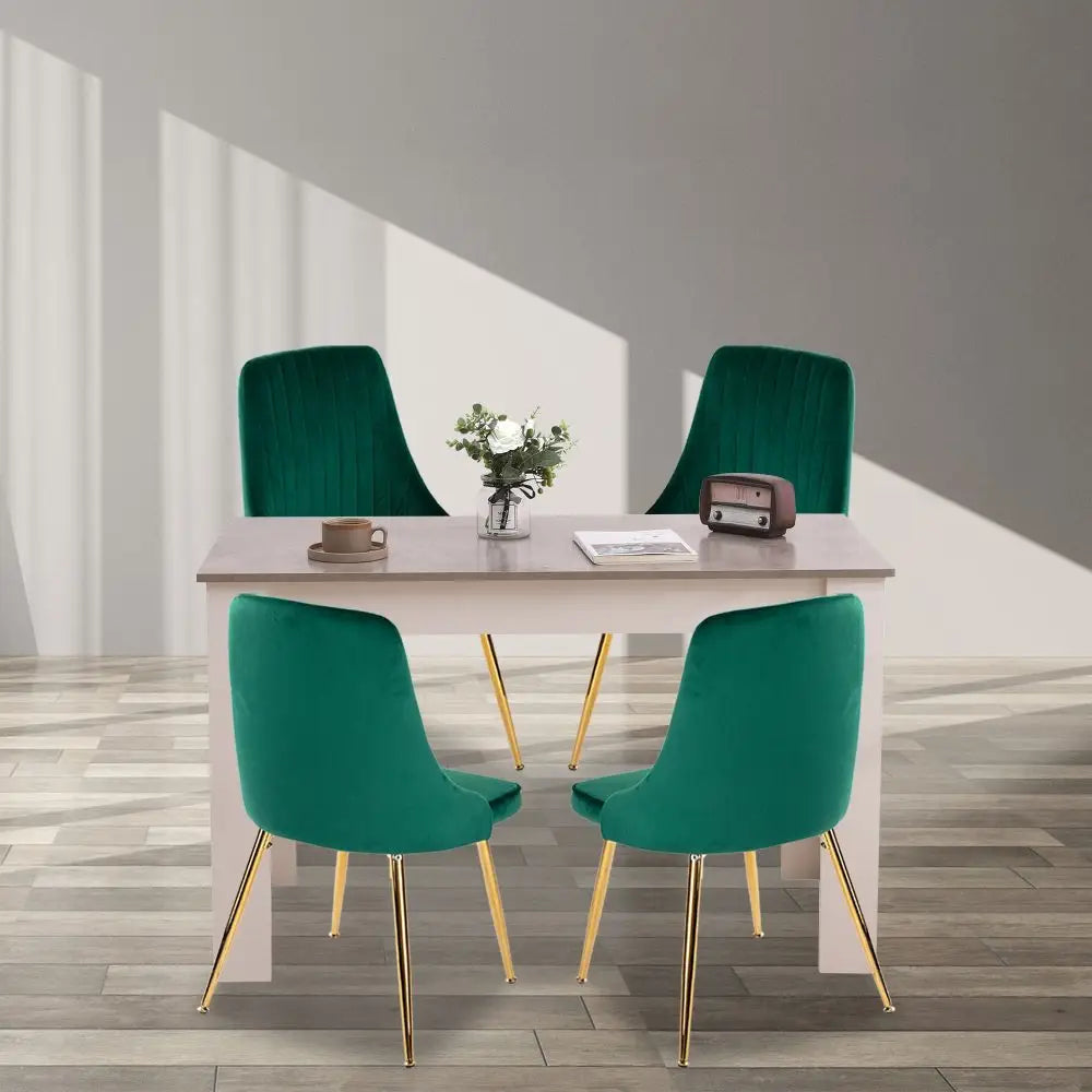 Grey Rectangular Dining Table with 4x Green Velvet Chairs - Furniture > Dining